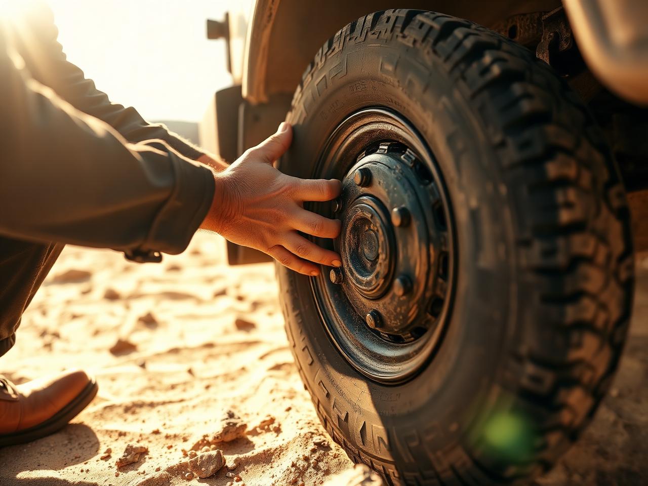 Mechanic changing a tire in the desert